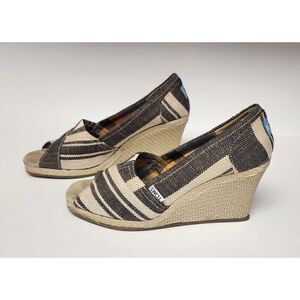 TOMS Women Peep Toe Wedge Espadrilles Blue White Stripe Canvas Shoes Size 7.5W